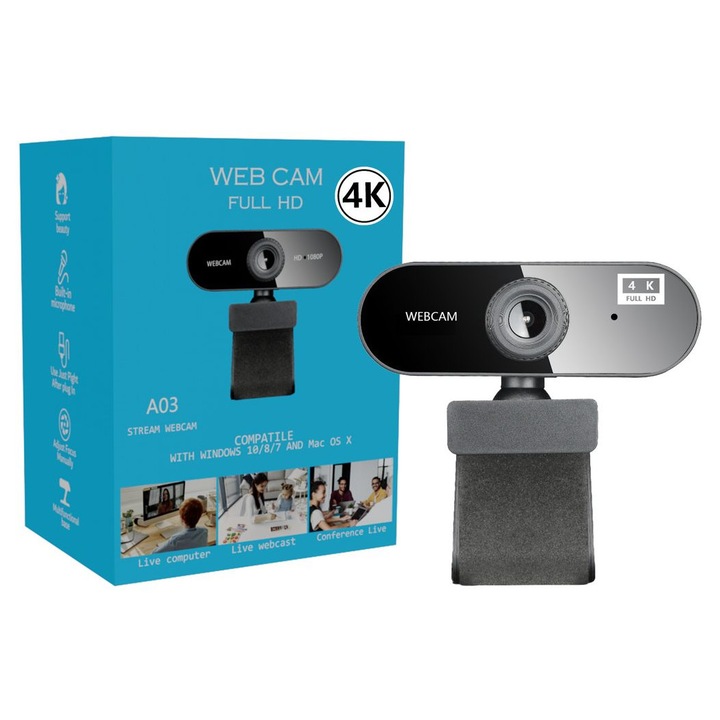 Webkamera USB Full HD, fekete-fehér, szürke klip, kompakt