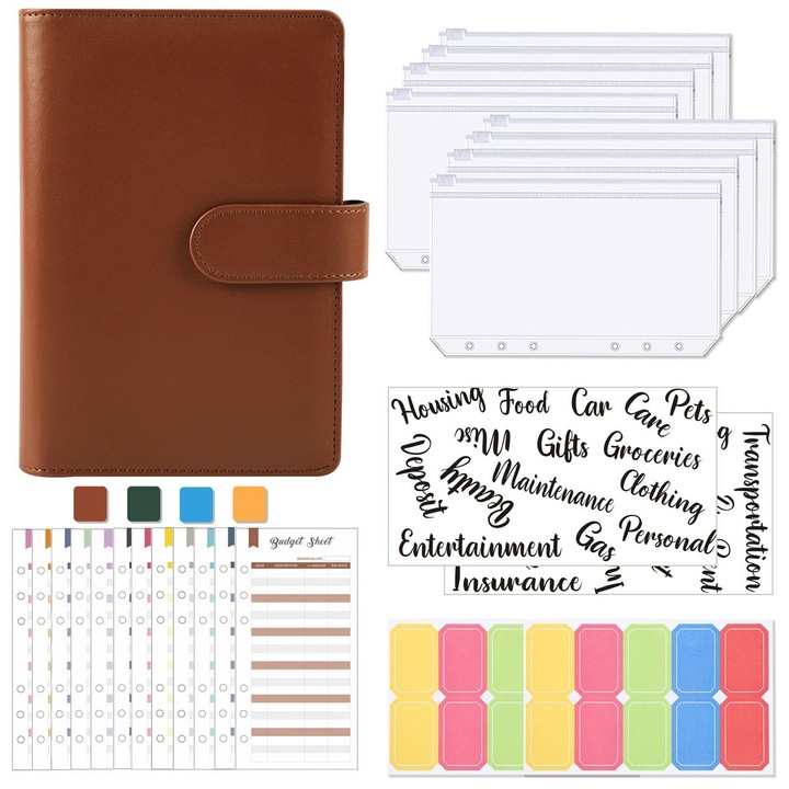 Carnet bugetar A6, piele PU, maro, 130x190x40mm, set complet