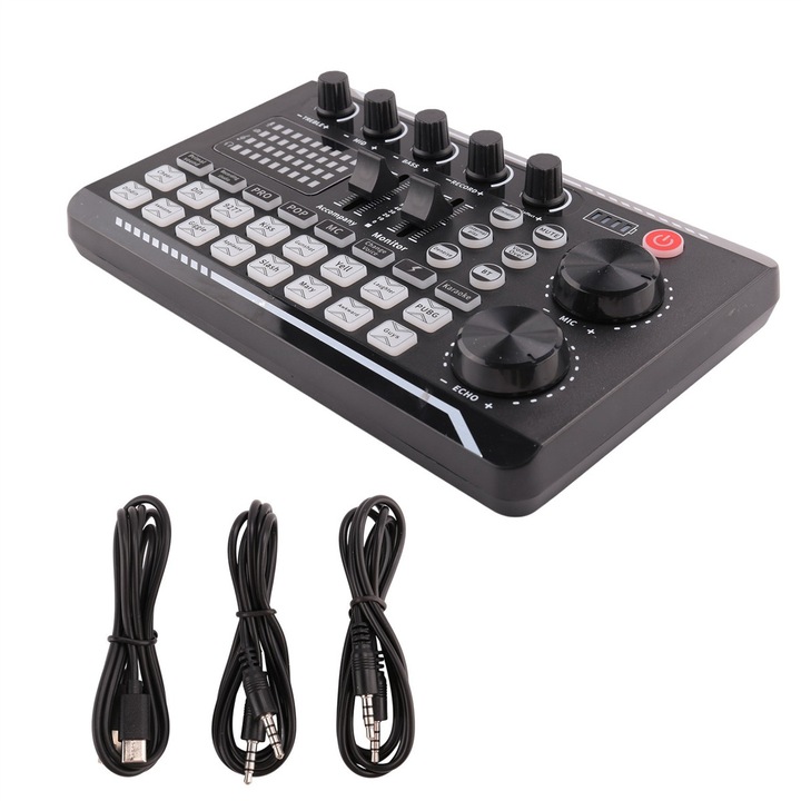 F988 professzionális audio keverő, DJ effektek, fekete, 20x15x5cm