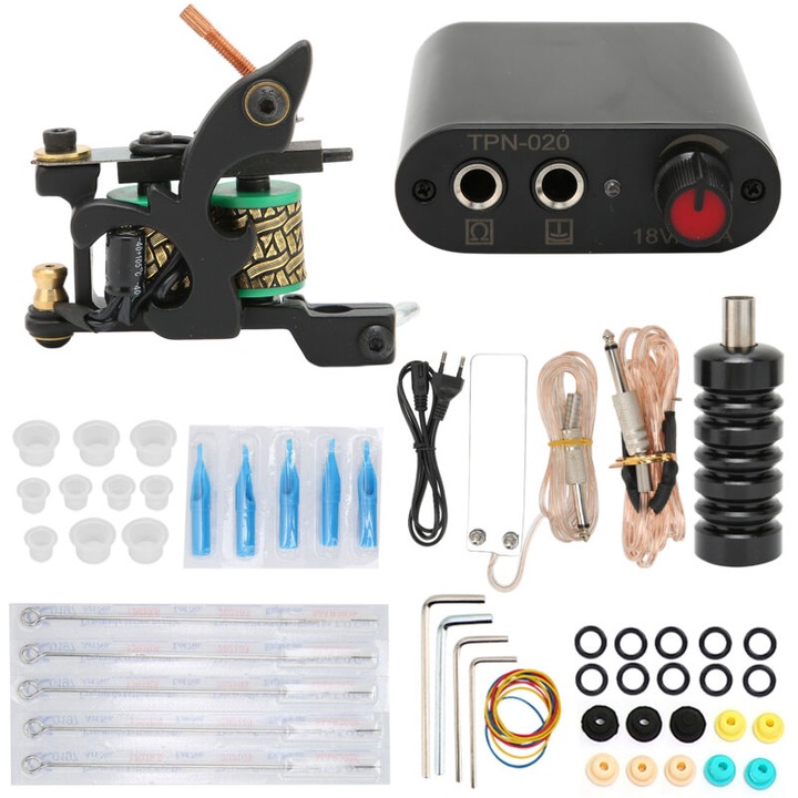 Kit tatuaj profesional rotativ 8 wraps, accesorii complete, negru, set