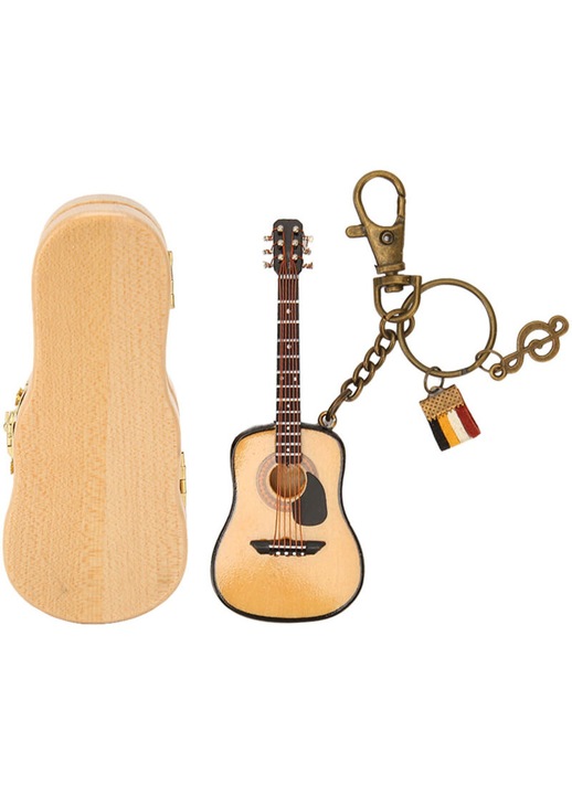 Fa modell miniatűr gitár, irodai dekoráció, barna, 10x4cm, tárolódobozzal