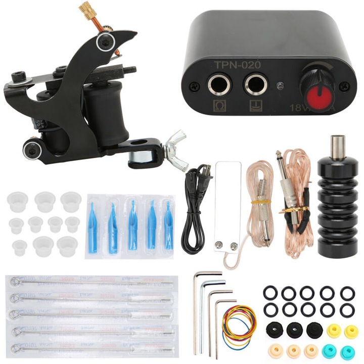 Kit masina tatuaj bobine 8 spire, alimentare, accesorii complete, inox