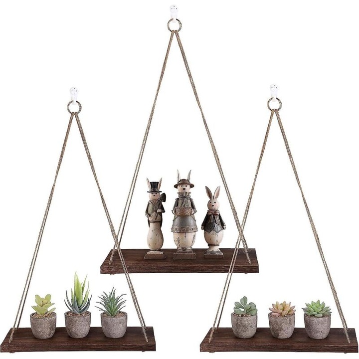 Boho makramé függő polc természetes fából 40x15x90cm