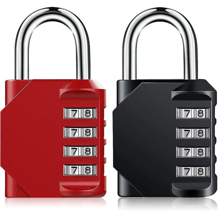 Set 2 lacate combinatie 4 cifre rezistente, negru rosu, compact