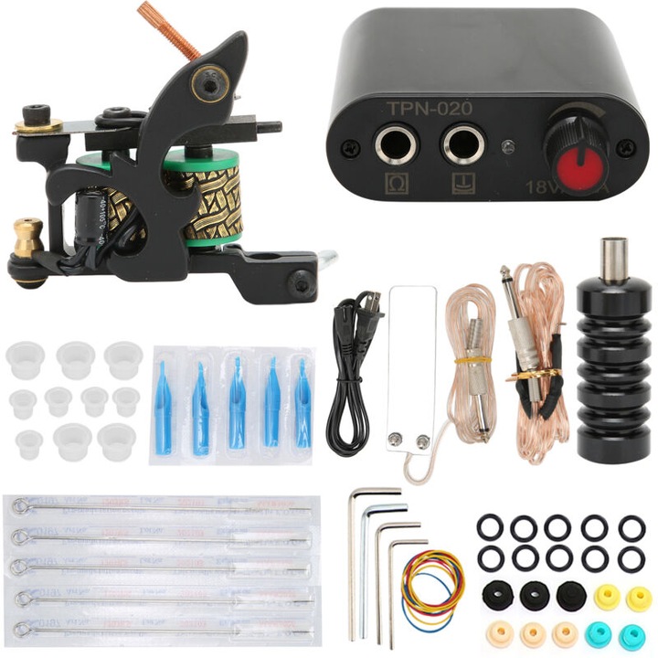 Kit tatuaj complet, masina 8 wraps, accesorii, multicolor