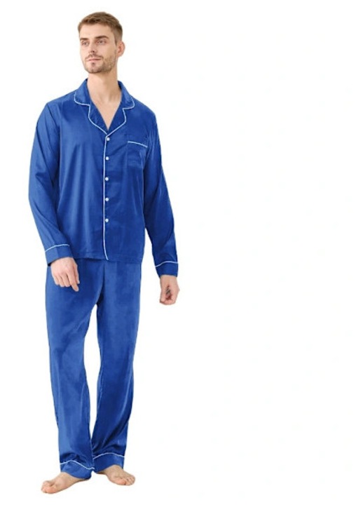 Pijamale barbati, set Craciun, camasa matase, maneca lunga, albastru