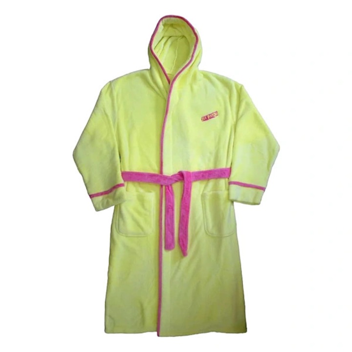 Unisex köntös, polár, sárga, L-XL, 132cm, kapucnival és zsebekkel, derékban megkötős