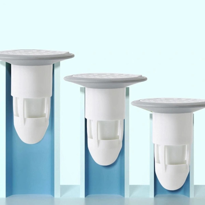 Sifon pardoseala, capac scurgere filtru odorizant, din ABS+TPR, trei straturi cu sita anti-par si dop TPR etans, design vortex anti-miros, potrivit pentru diametre 3.7-7.5 cm, alb/gri, 1 buc