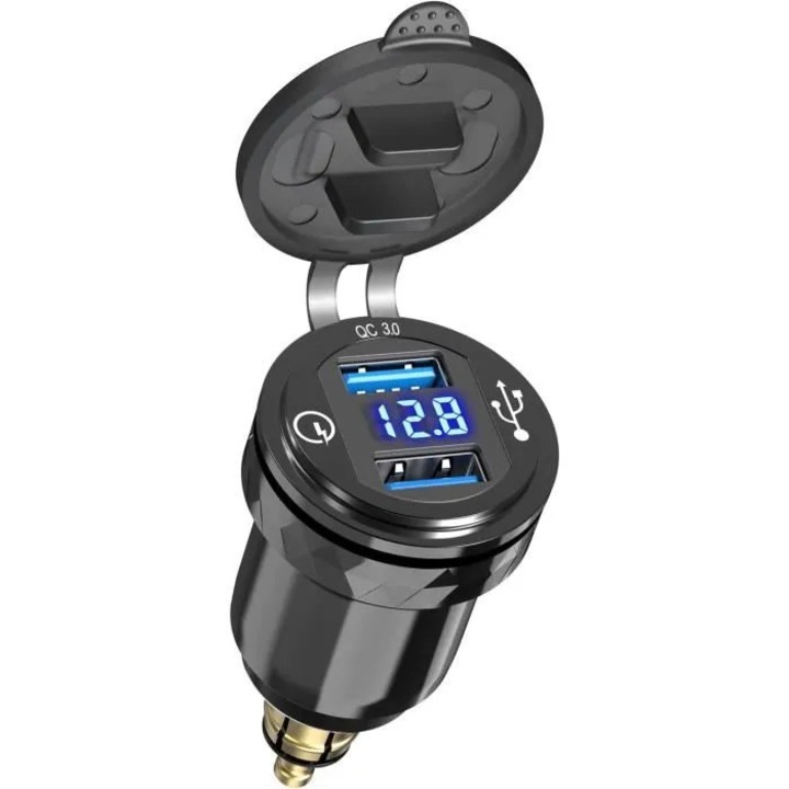 Motorkerékpár tápegység adapter DIN Hella USB kettős QC3.0 LED voltmérő vízálló 12V-24V