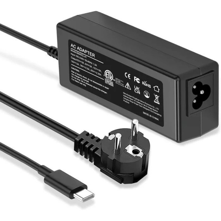 Univerzális laptop töltő 45W USB-C, fekete, kábellel