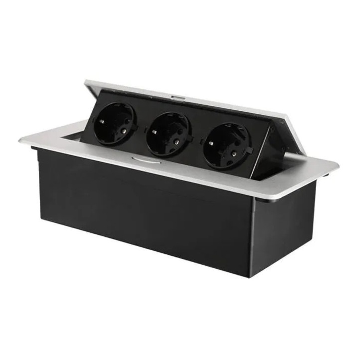 Вграден разклонител с 3 контакта, алуминий, черен, 2500W