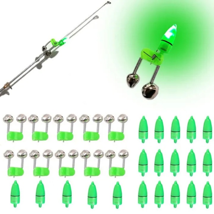 Set 10 clopotei pescuit cu 20 LED verzi, plastic fier, rezistent ploaie, 18cm