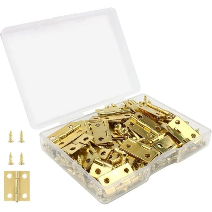 50 db mini zsanér készlet, 18x15x0.4mm, antik bronz, 200 csavar, átlátszó doboz
