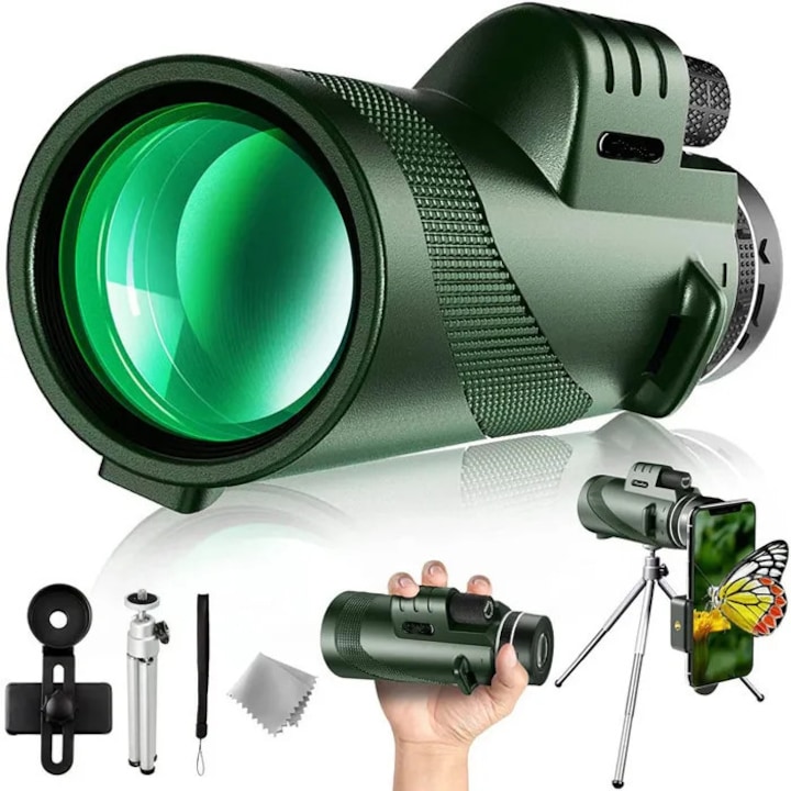 Monokulár 80x100 kompakt állvánnyal és telefontartóval, HD optika, fekete