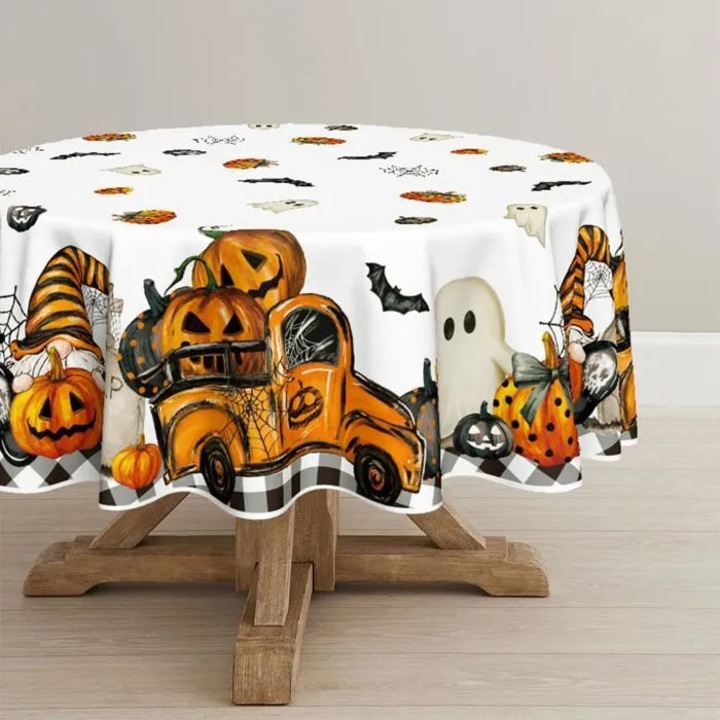 Kerek Halloween asztalterítő 152x152cm többszínű, mosható, szellemes és tökös mintával