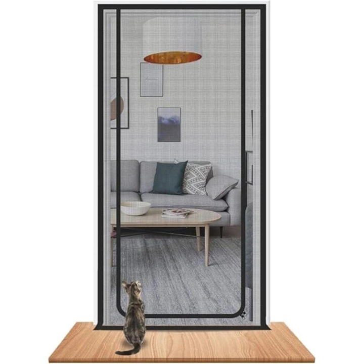 Perdea usa anti-pisici si anti-insecte, plasa intarita cu tratament nano ecologic, fermoar bidirectional, montare cu velcro, negru, 90x200 cm