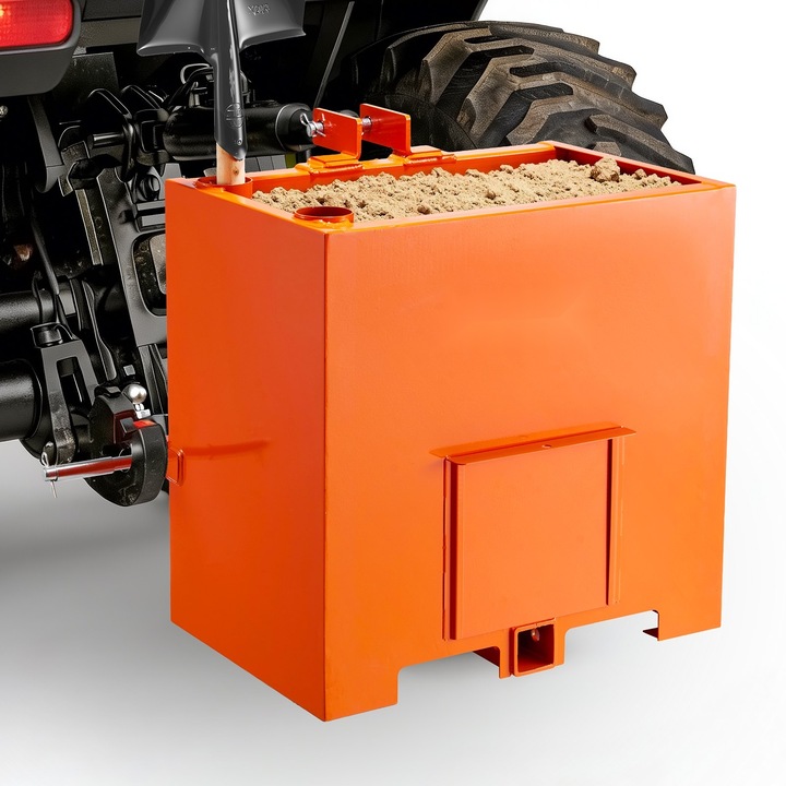 Traktor súlydoboz, 3 pontos felfüggesztés 1. kategória, Kapacitás 363 kg, Térfogat 0,14 m³, Tartós acél tolóajtóval, 55 mm-es vonóhorog, Narancssárga