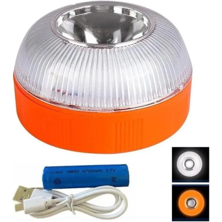 Lampa de urgenta V16, LED 360, magnetic, reincarcabil, galben-alb, pentru auto-moto