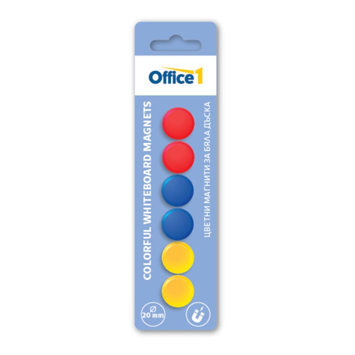 Магнити за бяла дъска Office 1, цветни, 20 mm, 6 броя