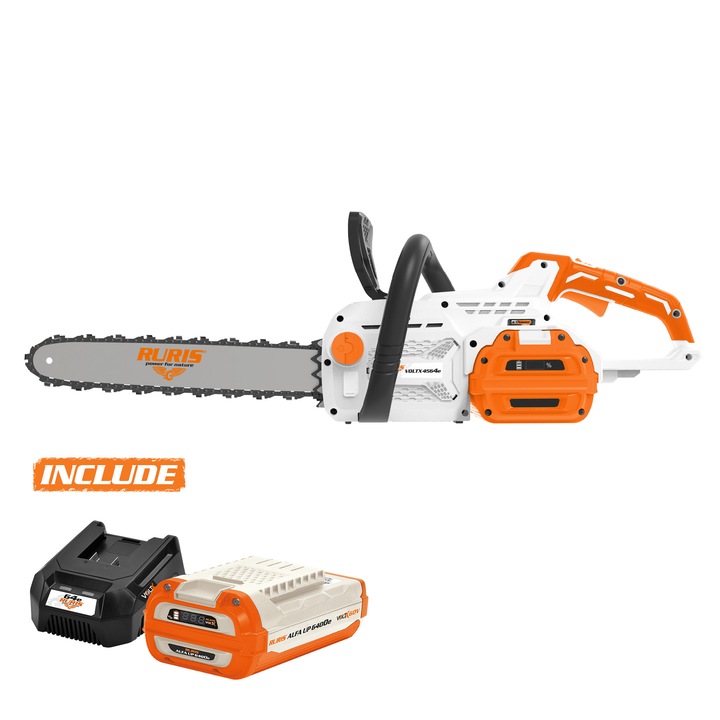 Ruris voltX 4564e láncfűrész (elektromos fűrész) akkumulátoros lánccal, 60 V, 45 cm-es fűrészlap, 25 m/s láncsebesség, szénkefe nélküli motor, dupla fék, SDS láncfeszítő rendszer, Tartalmazza: Ruris alfa up 6400e akkumulátort + 64e töltőt