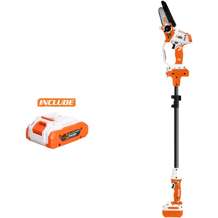 Ruris 1424e power alfa up teleszkópos (Emondor) láncfűrész akkumulátorral, 20 V 4.0 Ah, 10 cm-es penge, teleszkópos karral, 2400e x-charge akkumulátorral
