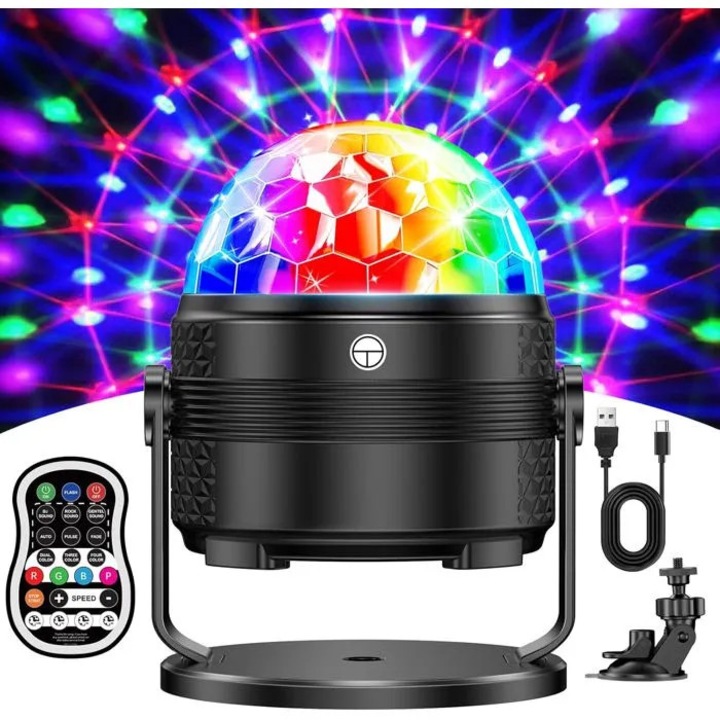 Diszkó gömb, 15 szín, zene, időzítő 4 mód, 360°-os forgatás, USB, 4m