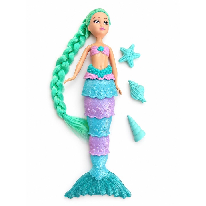 Papusa Sirena Fashion Pentru Fetite, Par Impletit Extra Lung, Accesorii Scoica si Stea de Mare, 30 cm, Turcoaz/Roz