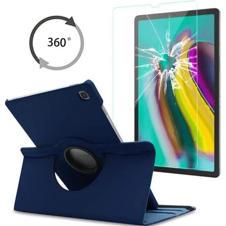 Husa tableta 360 rotatie, protectie ecran sticla, albastru, 10.5"