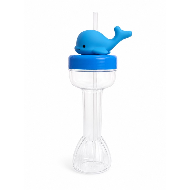 Pahar Copii Cu Pai Si Capac, Model Delfin 3D, Ideal Pentru Apa, Suc Sau Ceai, Fara BPA, Reutilizabil, Albastru, 30 cm
