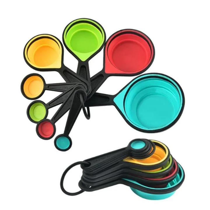 Set 8 piese cupe si linguri masuratoare pliabile silicon multicolor 60x80x120x250ml