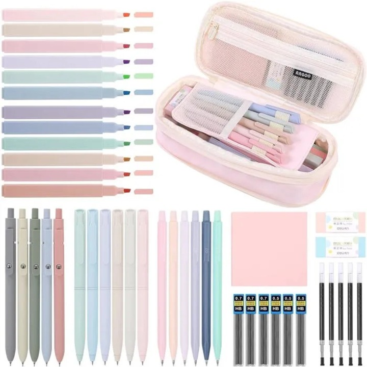Set rechizite scolare 44 piese, 12 markere pastel, 5 pixuri gel, multicolor, 22x10.5x6.5cm