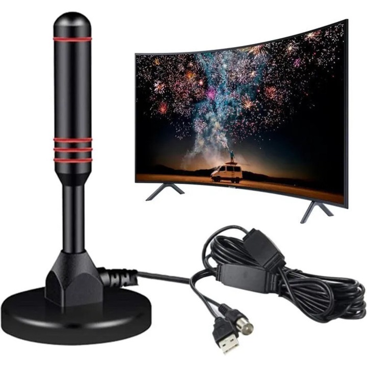 Antena TV interior 360 grade, 50 km, negru, 5m cablu coaxial