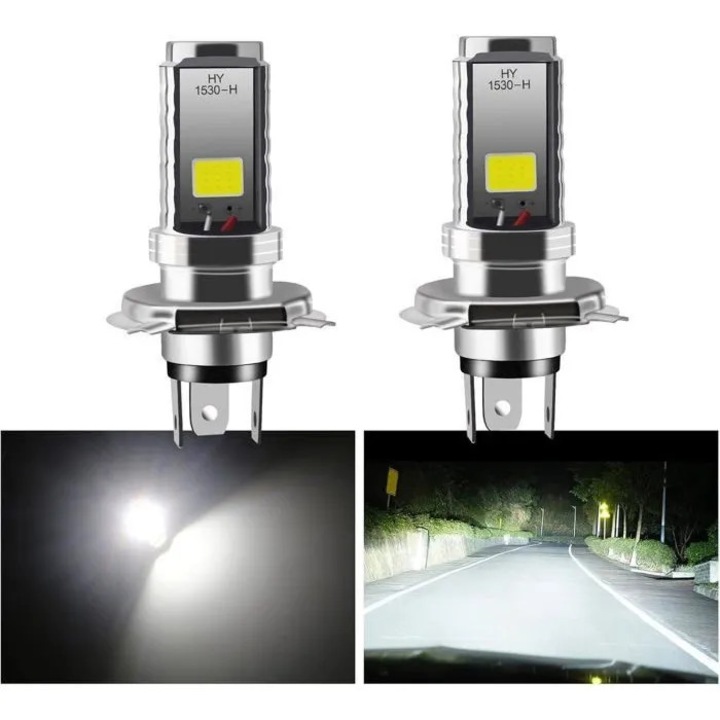 2 db LED H4 COB izzó készlet, 12W, fehér, 80x17mm, 12V, motor-autó