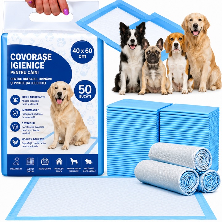 Covorase Igienice Absorbante pentru Caini si Pisici 40x60 cm, Set 50 Bucati, 5 Straturi, Super Absorbante, Impermeabile, Pentru Dresaj, Transportor, Cusca si Animale Seniori