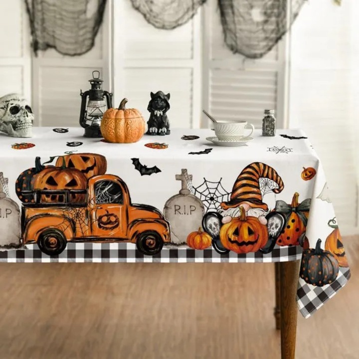 Halloween asztalterítő, szellemek és tökök mintával, poliészter, 152x305cm, mosható