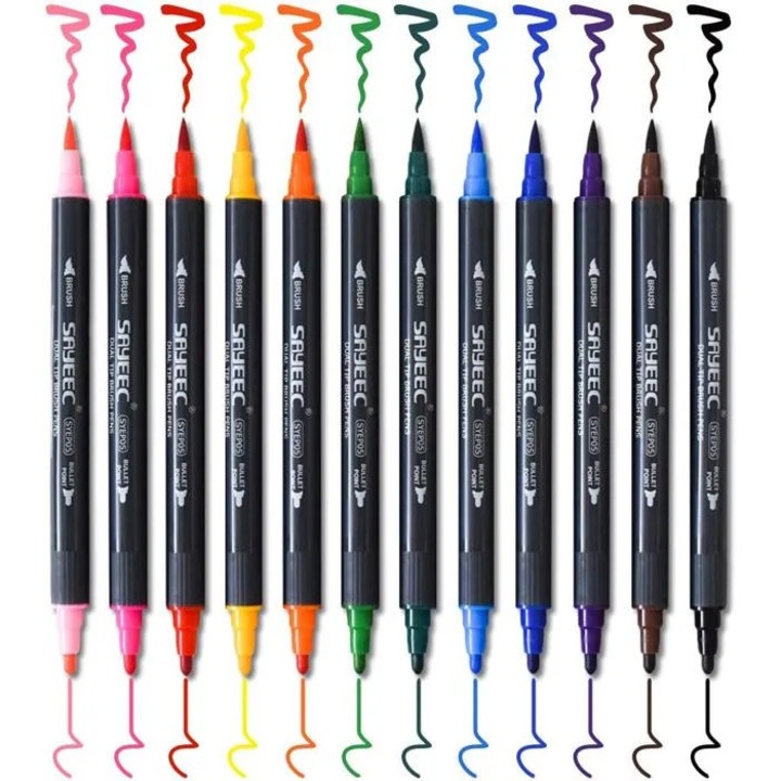 Kétvégű marker készlet, 12 szín, vékony hegy 0.8mm és ecsetvég 1-2mm, többszínű, 12 db
