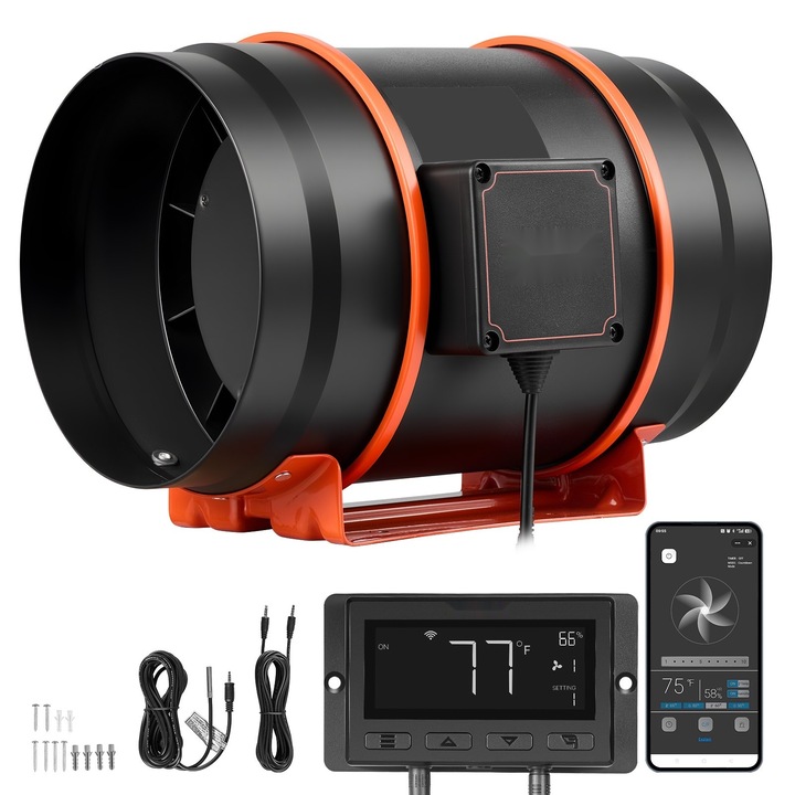 Inline csőventilátor, Axiális EC 203 mm, Légáram 1372 m³/h, 10 sebességfokozat, PWM és alkalmazásvezérlés, Hőmérséklet- és páratartalom-érzékelő, Növénytermesztő sátrakhoz