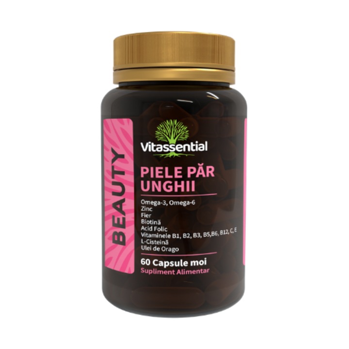 Complex Piele Par si Unghii, Vitassential, Supliment alimentar cu Vitamine si Minerale pentru femei pe baza de Zinc, Fier, Vitamine B1, B2, B3, B5, B6, B9/Acid Folic, B12, C, E, Biotina, Omega-3 si 6. L-Cisteina, 60 capsule