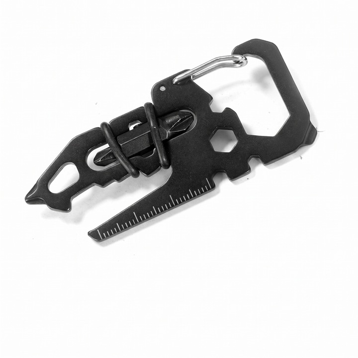 EDC Eclatiana® multifunkciós kulcstartó, 16 az 1-ben zsebkártya férfiaknak, Hordozható rozsdamentes acél túlélőeszköz, csavarhúzóval, kulccsal, sörnyitóval, Fekete