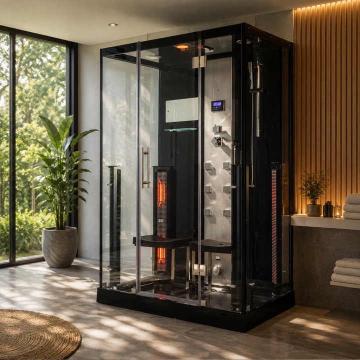 Sauna umeda cu infrarosu 3 kW si cabina de dus Trio MUE-K1072, 145 x 90 x 215 cm pentru 2 persoane, Hidromasaj cu 6 jeturi, Sauna cu aburi 3 kW, Sauna infrarosu 8 emitatoare, Aromoterapie si cromoterapie LED, Panou de control, Sistem audio Bluetooth