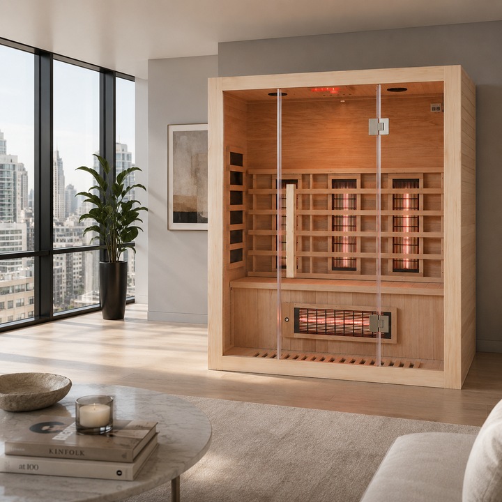 Sauna cu infrarosu si cromoterapie pentru 3 persoane EA3R 150 x 120 x 190cm, ionizator, iluminare in 7 culori, sistem audio cu Bluetooth si radio, panou de control, incalzitoare 6 cu cuart + 2 carbon laterale +1 carbon pentru podea