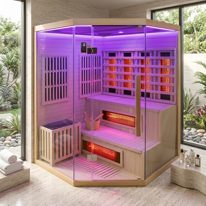 Sauna uscata combinata infrarosu cu soba Harvia 6 kW 150 x 150 x 200 cm pentru 4-5 persoane, Cromoterapie LED, Bluetooth, USB, Wi-Fi. 6 radiatoare Cuart Full Spectrum si 3 de Carbon