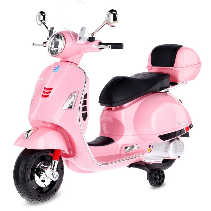 Електрически скутер за деца, Sun Baby, Vespa Maxi, 12V, с MP3 и багажник, Светлорозов