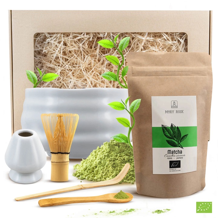 Ceai Matcha Cadou Set, Mary Rose, Japonez BIO, Bol Ceramic Alb Matchawan Yuki, 500ml, Suport Kusenaoshi, Tel Chasen, Accesorii Bambus, Pudra, 100g