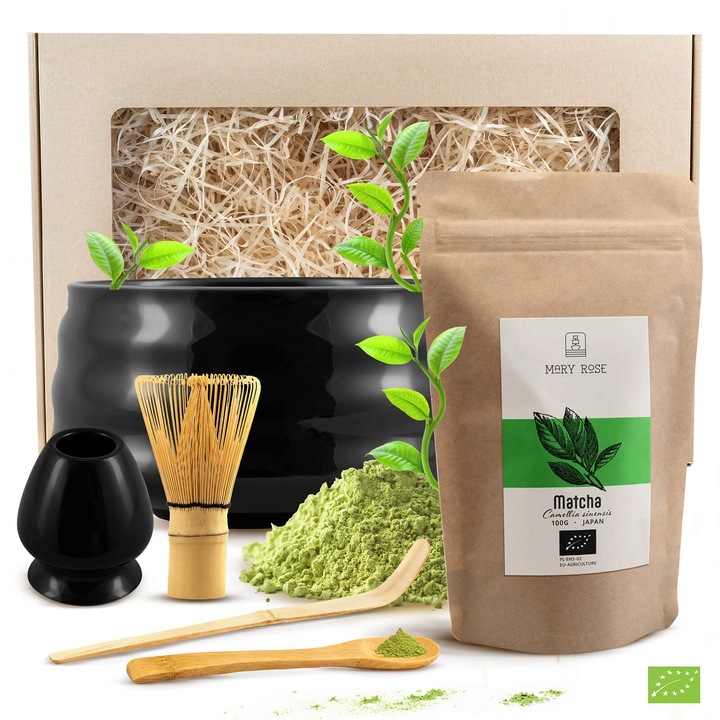Ceai Matcha Cadou Set, Mary Rose, Japonez BIO, Bol Ceramic Negru Matchawan Yoru, 500ml, Suport Kusenaoshi, Tel Chasen, Accesorii Bambus, Pudra, 100g