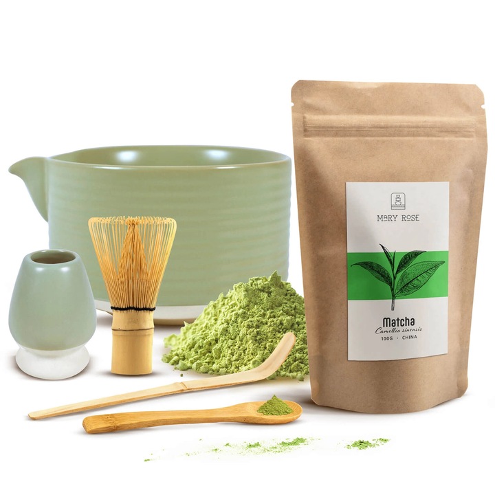 Ceai Matcha Set, Mary Rose, Bol Ceramic Khaki Matchawan Aki, 450ml, Suport Kusenaoshi, Tel Chasen, Accesorii Bambus, Pudra, 100g