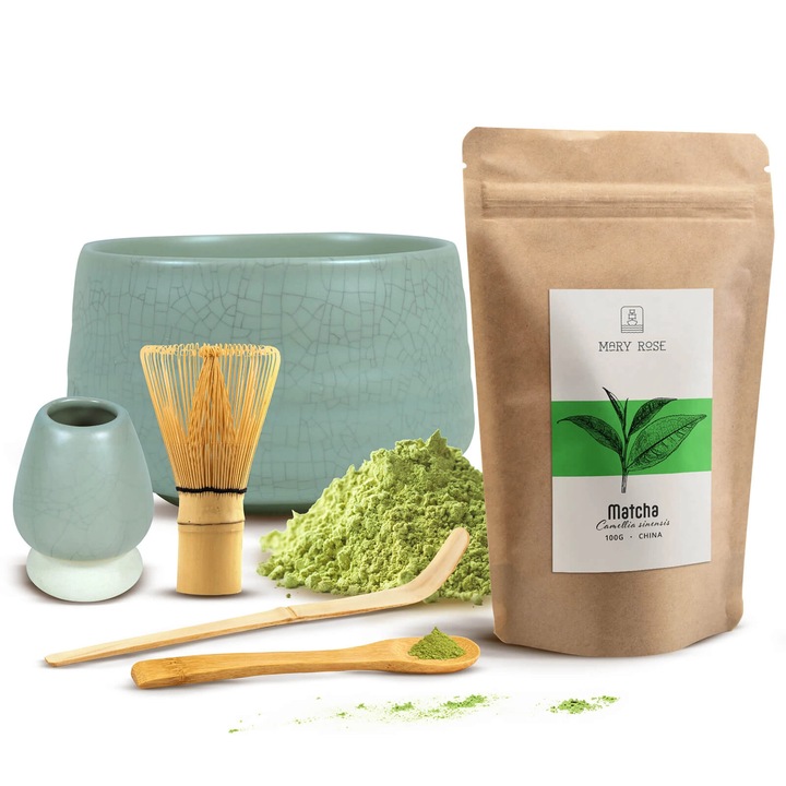 Ceai Matcha Set, Mary Rose, Bol Ceramic Alb Matchawan Kiretsu, 450ml, Suport Kusenaoshi, Tel Chasen, Accesorii Bambus, Pudra, 100g