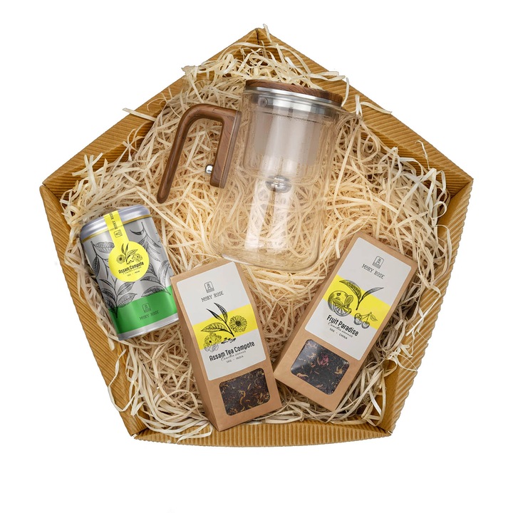 Ceai Set Cadou, Mary Rose, Assam Compote, Assam Compote in Cutie Metalica, Fruit Paradise, Ceainic din Sticla cu Infuzor Magnetic 800ml, 3x50g