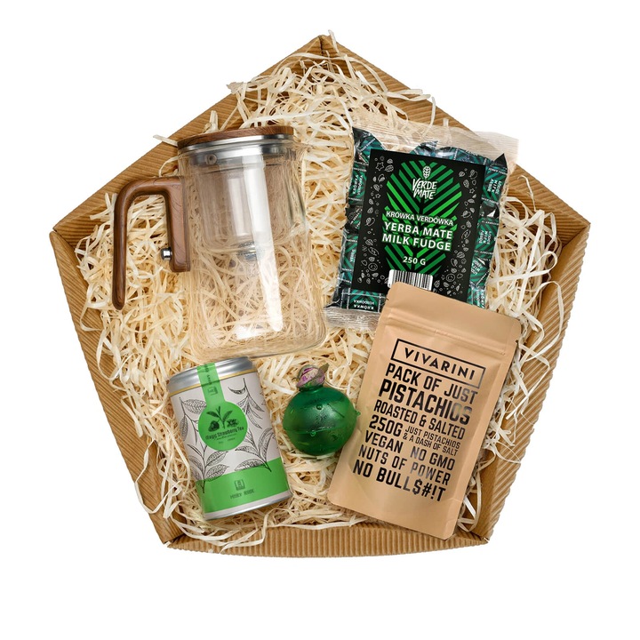 Ceai Set Cadou, Mary Rose, Magic Strawberry 50g, Bomba de Ceai, 15g, Ceainic Sticla cu Infuzor Magnetic 800ml, Fistic 250g, Bomboane de Lapte cu Yerba Mate, 250g