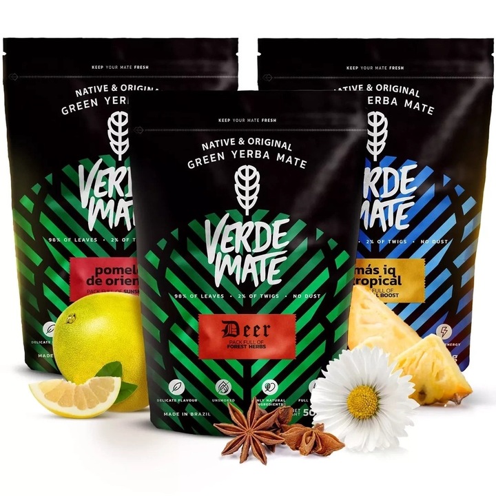 Set Ceai Yerba Mate, Verde Mate, Deer, Pomelo De Oriente, Mas IQ Tropical, Brazil, Calitate Superioara, Uscat Cu Aer, Sursa De Energie, Fara Praf, Aroma Naturala, 3x500 g